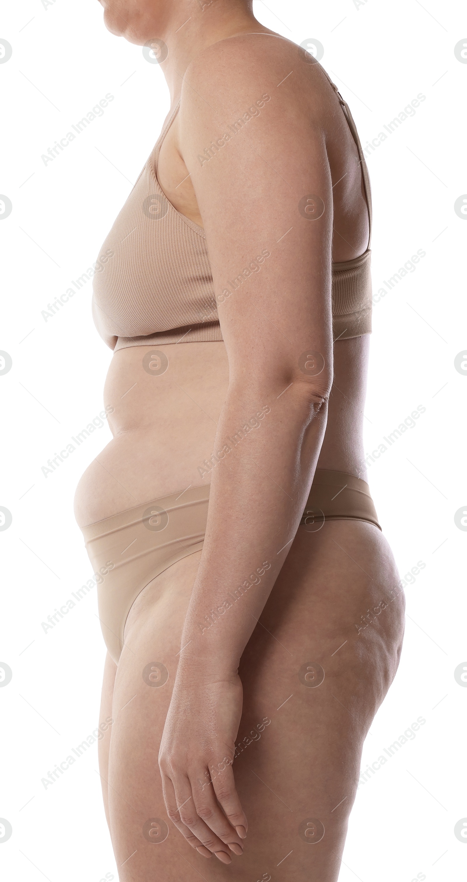 Photo of Woman with bad posture on white background, closeup