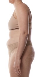 Photo of Woman with bad posture on white background, closeup