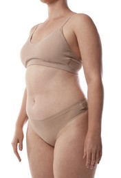 Photo of Woman in underwear on white background, closeup