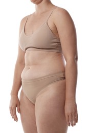 Photo of Woman with bad posture on white background, closeup