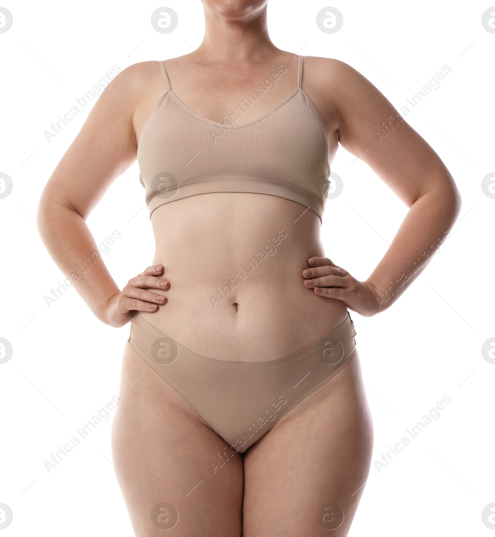 Photo of Woman in underwear on white background, closeup
