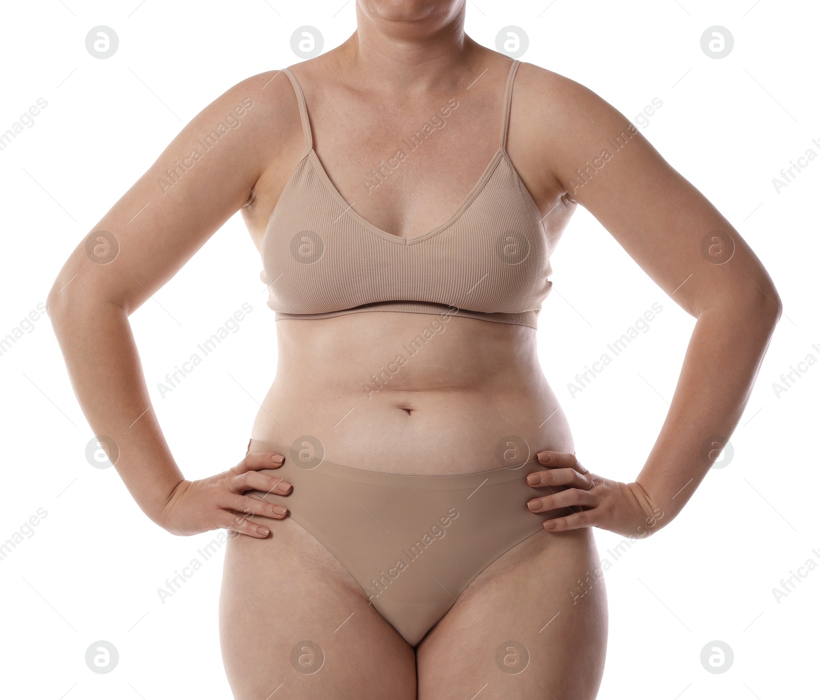 Woman with bad posture on white background, closeup Photo of Woman with bad posture on white background, closeup