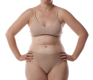 Photo of Woman with bad posture on white background, closeup