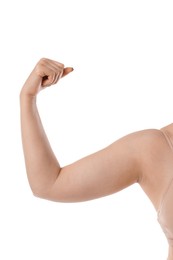 Photo of Woman with flabby arm on white background, closeup