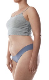 Photo of Woman in underwear on white background, closeup