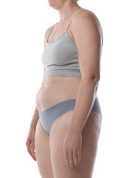 Photo of Woman with bad posture on white background, closeup
