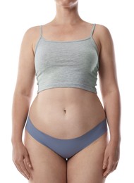 Photo of Woman in underwear on white background, closeup