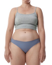 Photo of Woman with bad posture on white background, closeup
