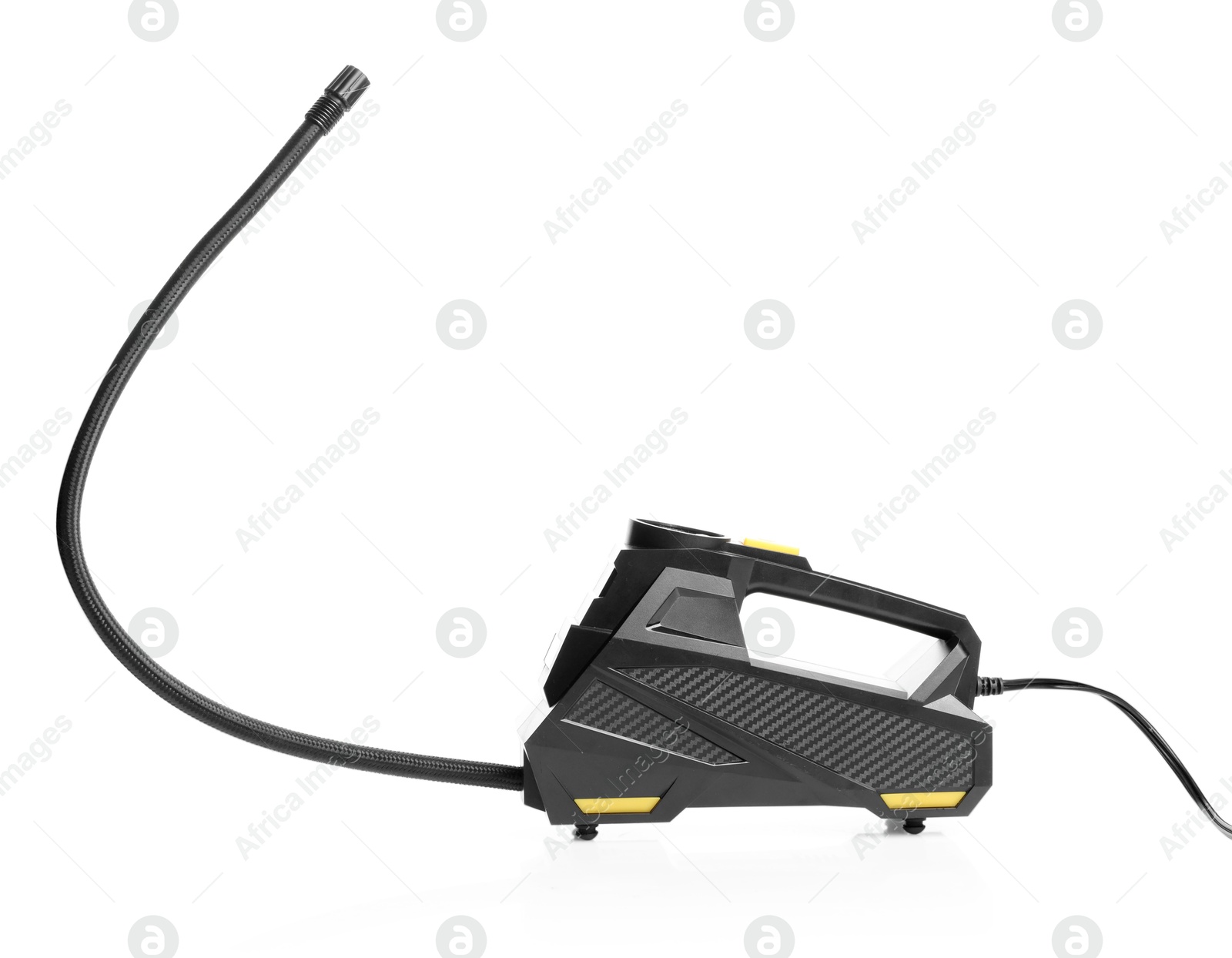 One modern tire inflator isolated on white Photo of One modern tire inflator isolated on white