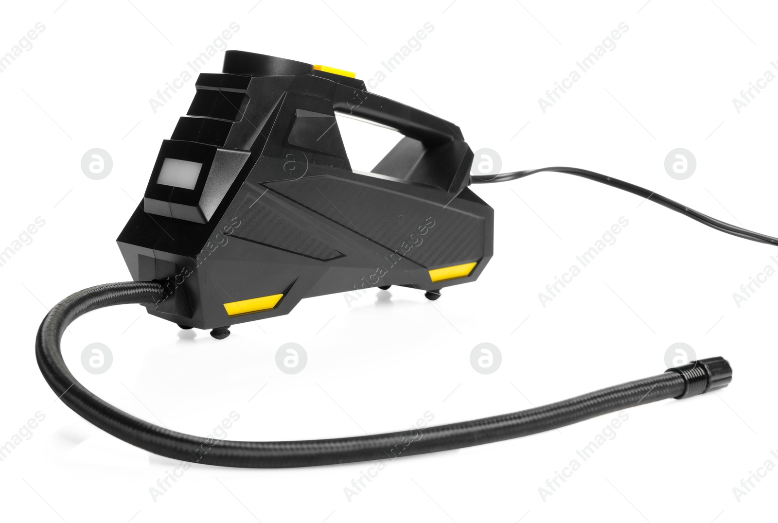 One modern tire inflator isolated on white Photo of One modern tire inflator isolated on white