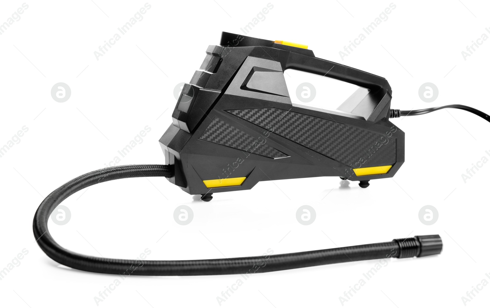 One modern tire inflator isolated on white Photo of One modern tire inflator isolated on white