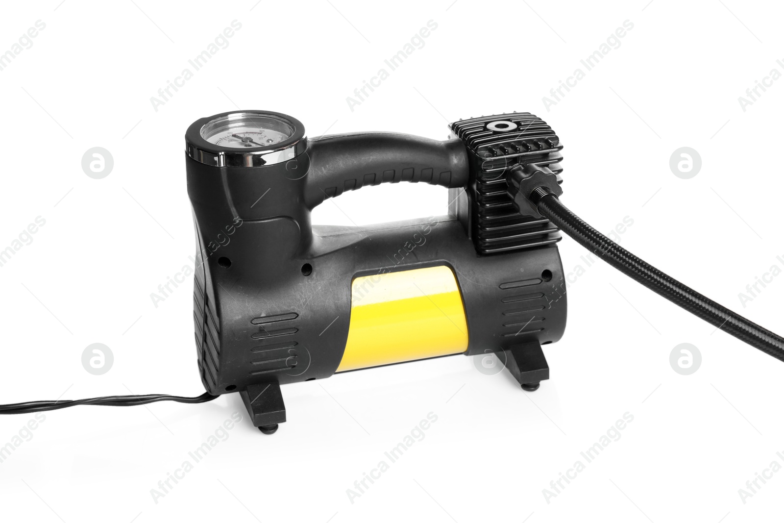 One modern tire inflator isolated on white Photo of One modern tire inflator isolated on white