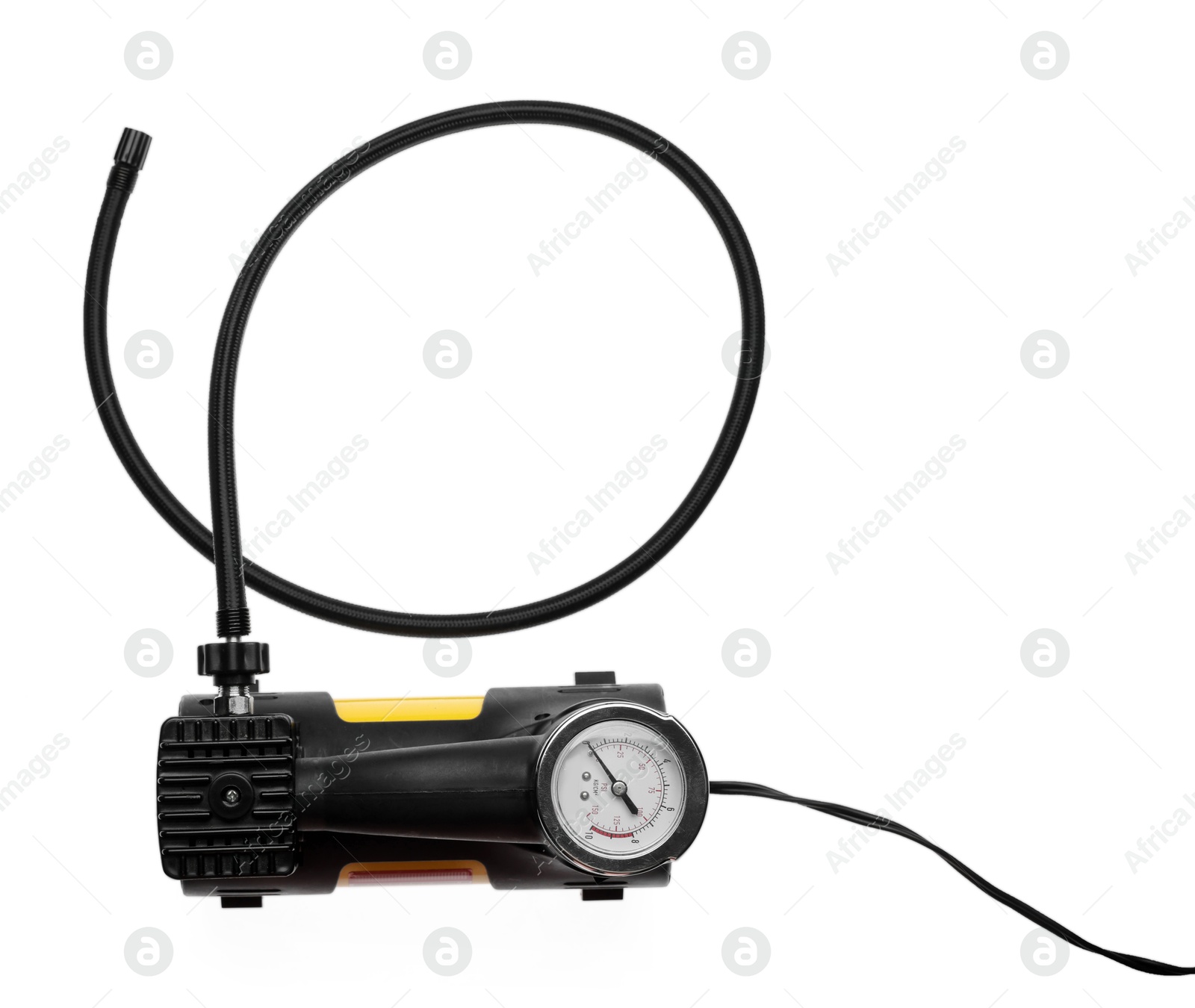 One modern tire inflator isolated on white, top view Photo of One modern tire inflator isolated on white, top view