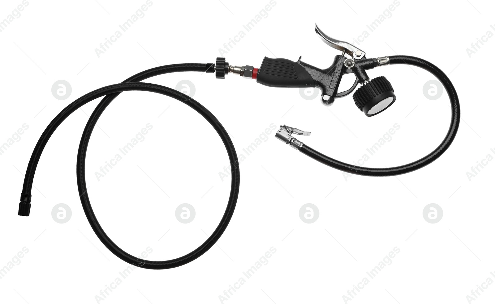 One tire inflation gun with gauge isolated on white, top view Photo of One tire inflation gun with gauge isolated on white, top view