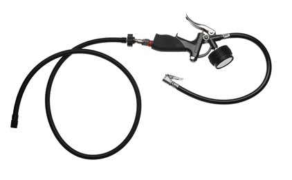 Photo of One tire inflation gun with gauge isolated on white, top view