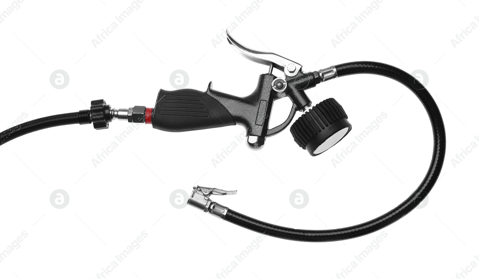One tire inflation gun with gauge isolated on white, top view Photo of One tire inflation gun with gauge isolated on white, top view