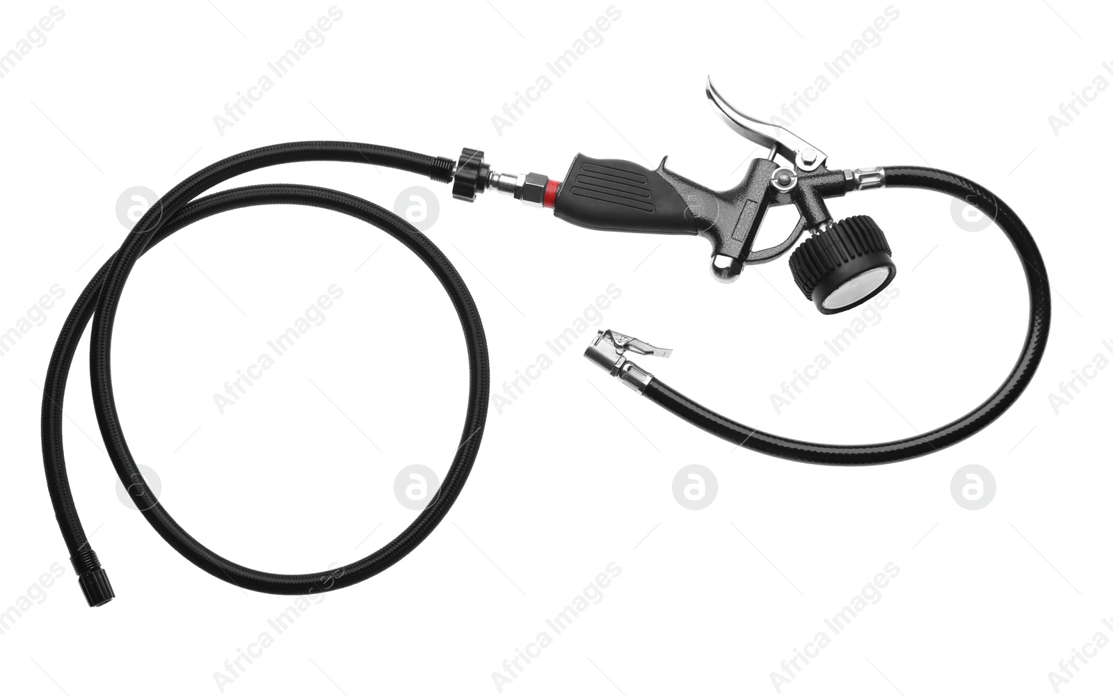 One tire inflation gun with gauge isolated on white, top view Photo of One tire inflation gun with gauge isolated on white, top view