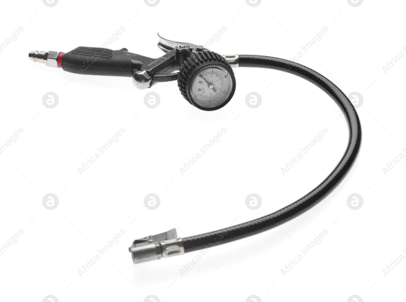 One tire inflation gun with gauge isolated on white Photo of One tire inflation gun with gauge isolated on white