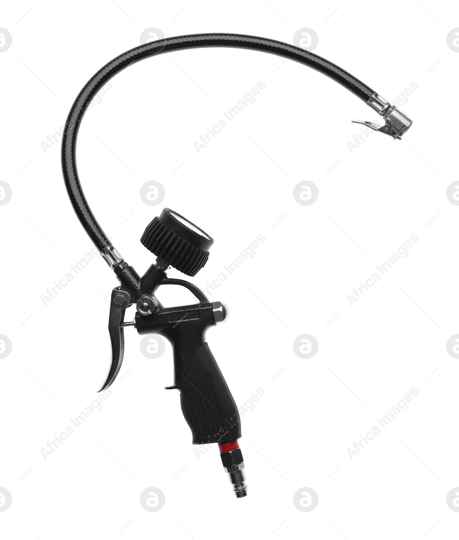 One tire inflation gun with gauge isolated on white, top view Photo of One tire inflation gun with gauge isolated on white, top view