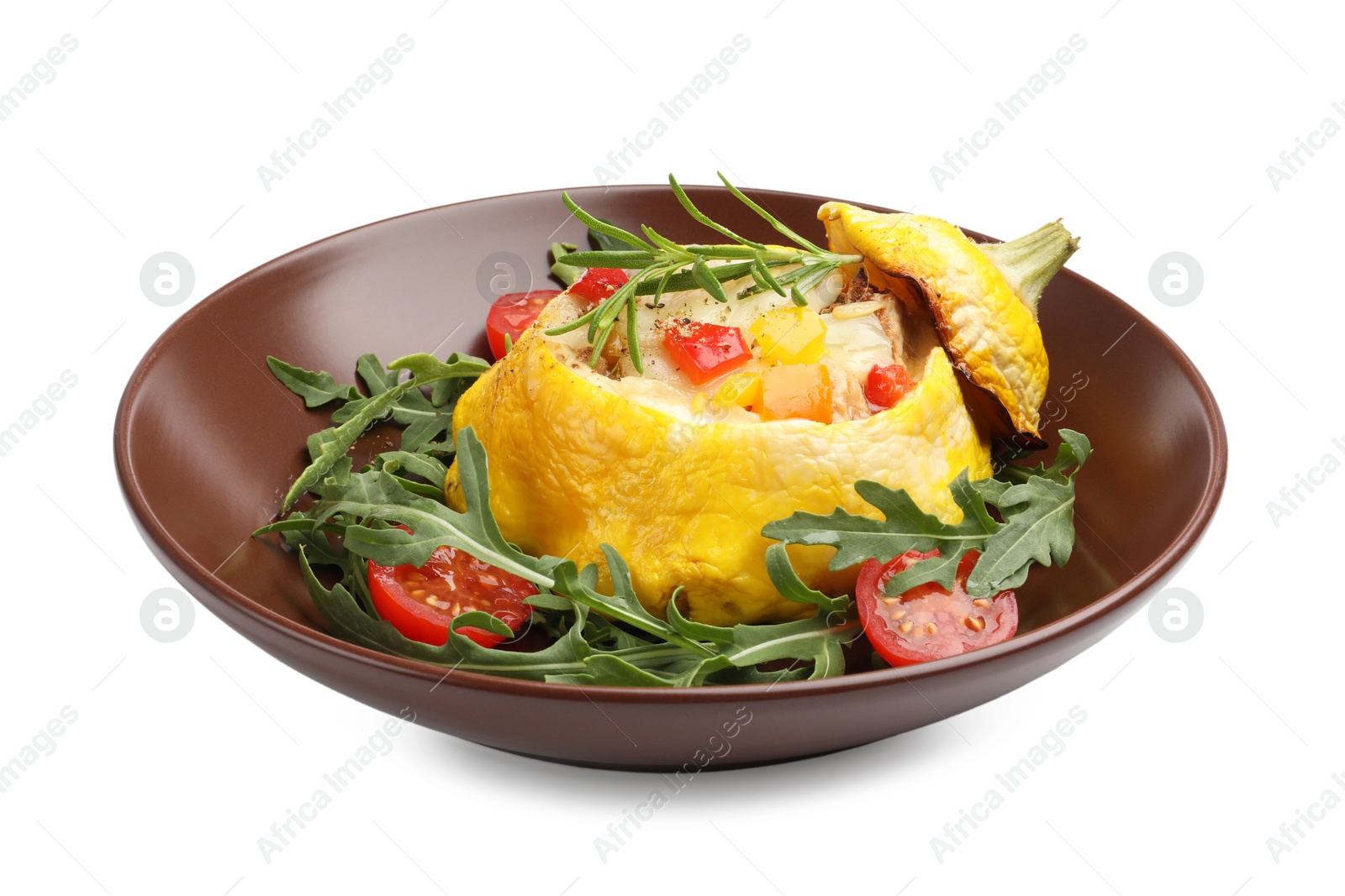 Tasty stuffed pattypan squash with tomatoes and arugula isolated on white Photo of Tasty stuffed pattypan squash with tomatoes and arugula isolated on white