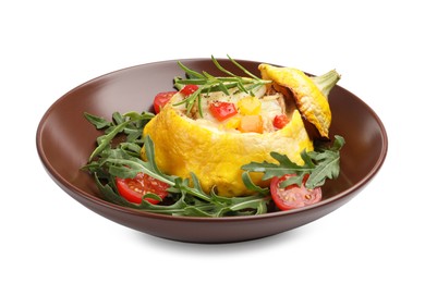 Photo of Tasty stuffed pattypan squash with tomatoes and arugula isolated on white