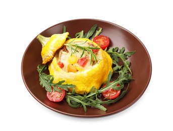 Photo of Tasty stuffed pattypan squash with tomatoes and arugula isolated on white