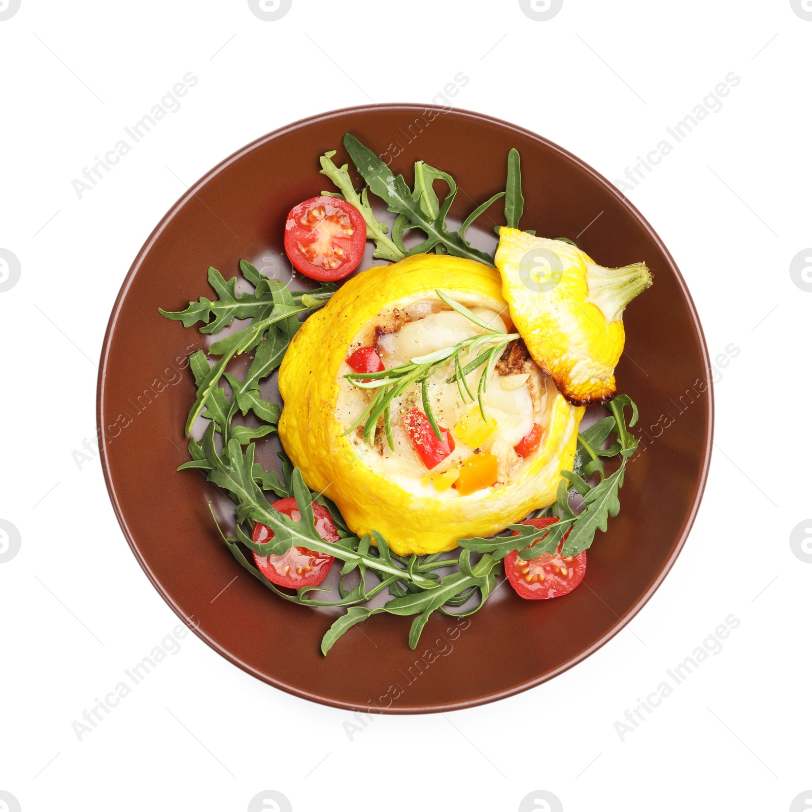 Tasty stuffed pattypan squash with tomatoes and arugula isolated on white, top view Photo of Tasty stuffed pattypan squash with tomatoes and arugula isolated on white, top view