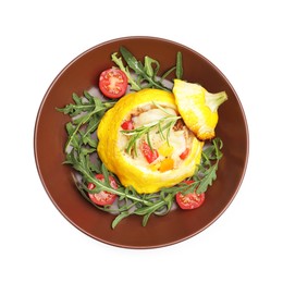 Photo of Tasty stuffed pattypan squash with tomatoes and arugula isolated on white, top view