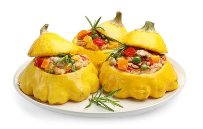 Photo of Tasty stuffed pattypan squashes isolated on white