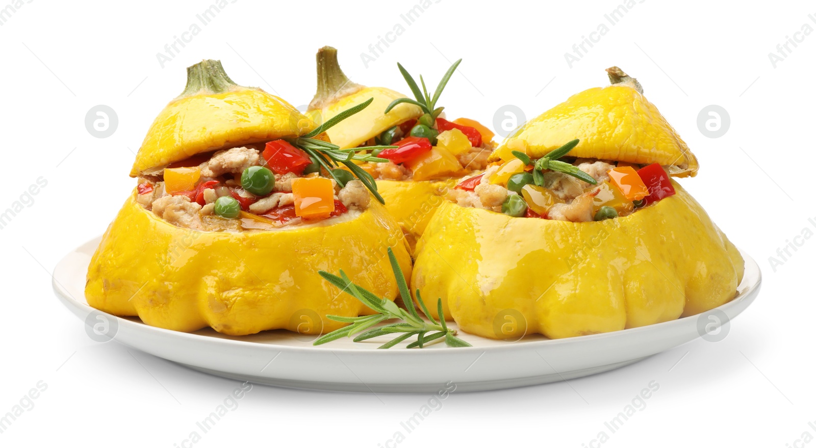 Photo of Tasty stuffed pattypan squashes isolated on white