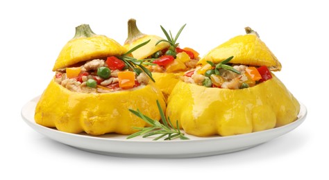 Photo of Tasty stuffed pattypan squashes isolated on white