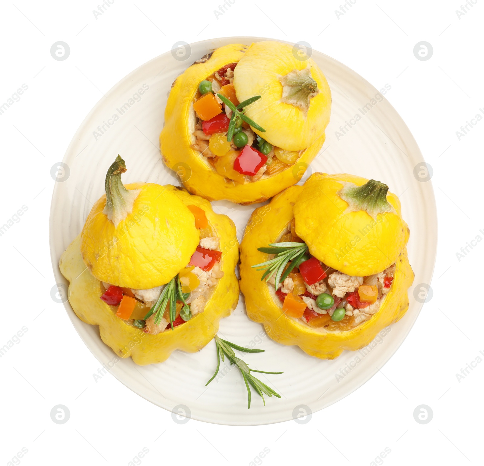 Photo of Tasty stuffed pattypan squashes isolated on white, top view