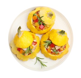 Photo of Tasty stuffed pattypan squashes isolated on white, top view