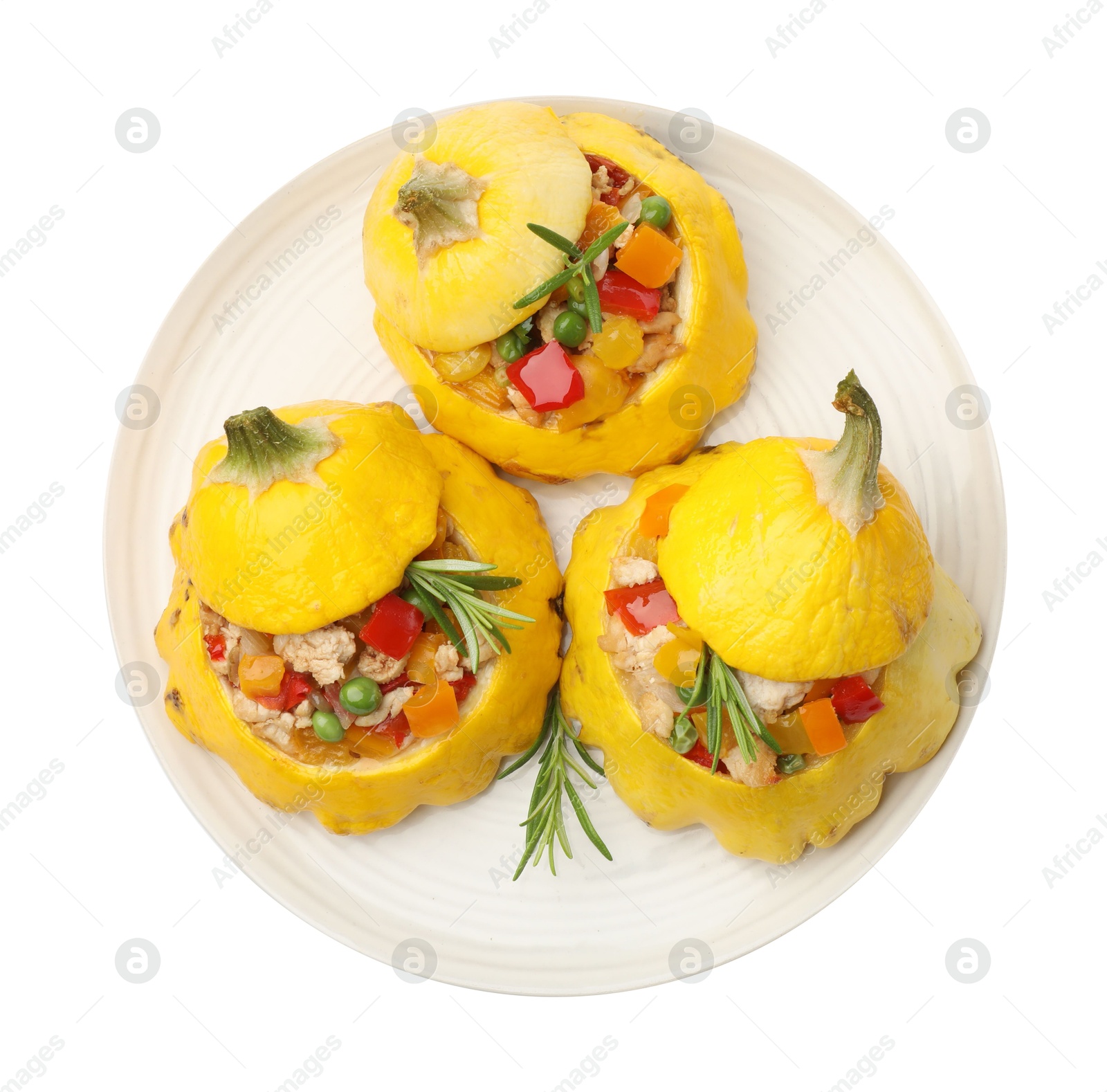 Photo of Tasty stuffed pattypan squashes isolated on white, top view