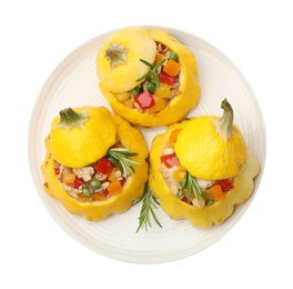 Photo of Tasty stuffed pattypan squashes isolated on white, top view