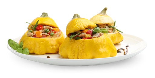 Photo of Tasty stuffed pattypan squashes isolated on white
