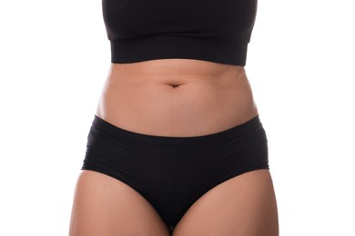 Photo of Woman in underwear before weight loss on white background, closeup