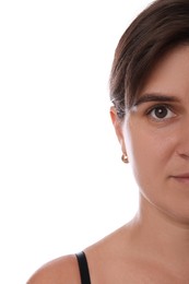 Photo of Closeup view of woman on white background