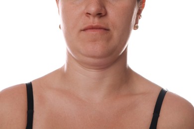 Photo of Woman with double chin on white background, closeup