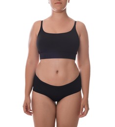 Photo of Woman in underwear on white background, closeup