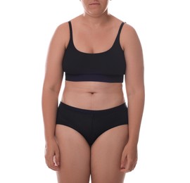 Photo of Woman with bad posture on white background, closeup