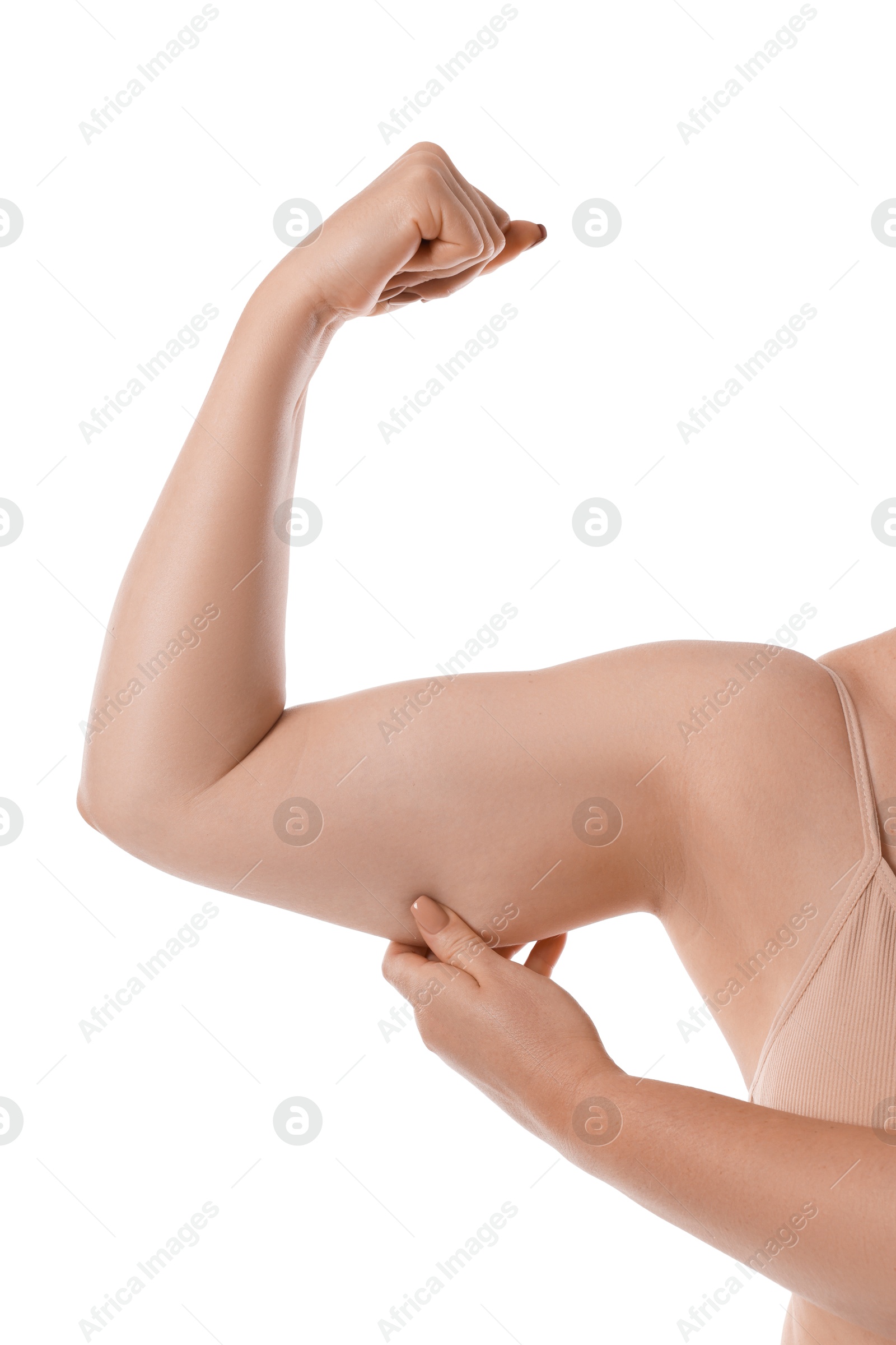 Woman with flabby arm on white background, closeup Photo of Woman with flabby arm on white background, closeup