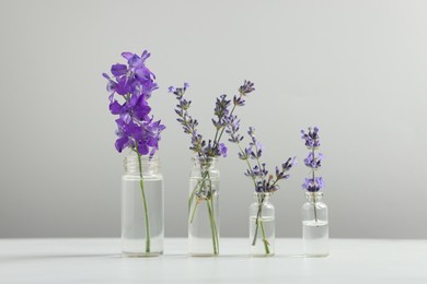 Photo of Different plants in glass bottles of essential oils on white table against light grey background