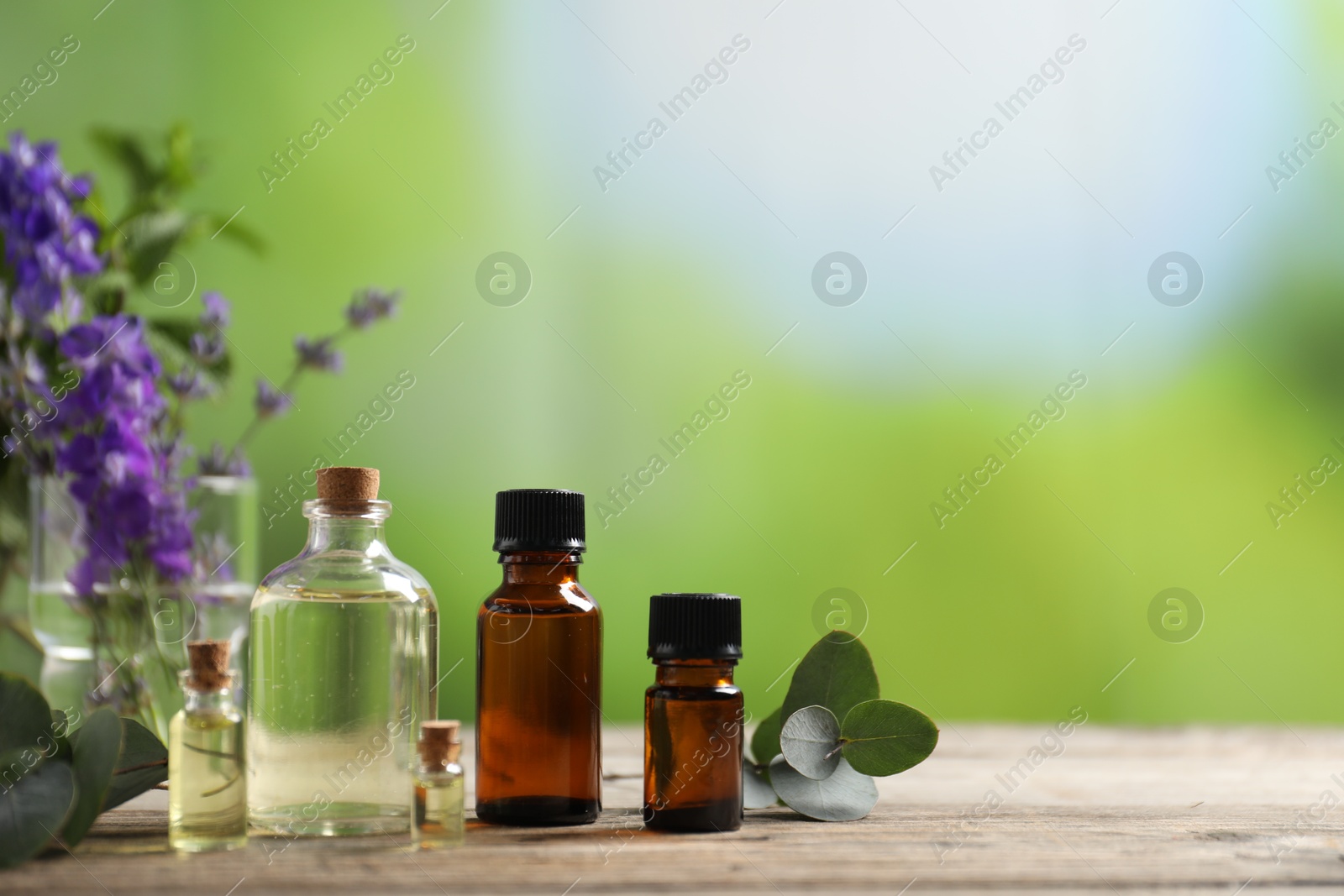 Photo of Bottles of essential oils and different plants on wooden table outdoors, closeup. Space for text