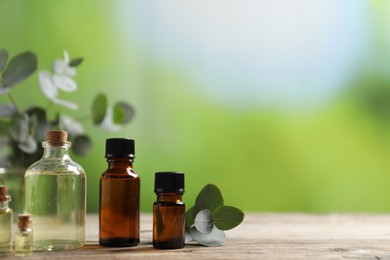 Photo of Bottles of essential oils and eucalyptus branches on wooden table outdoors, closeup. Space for text