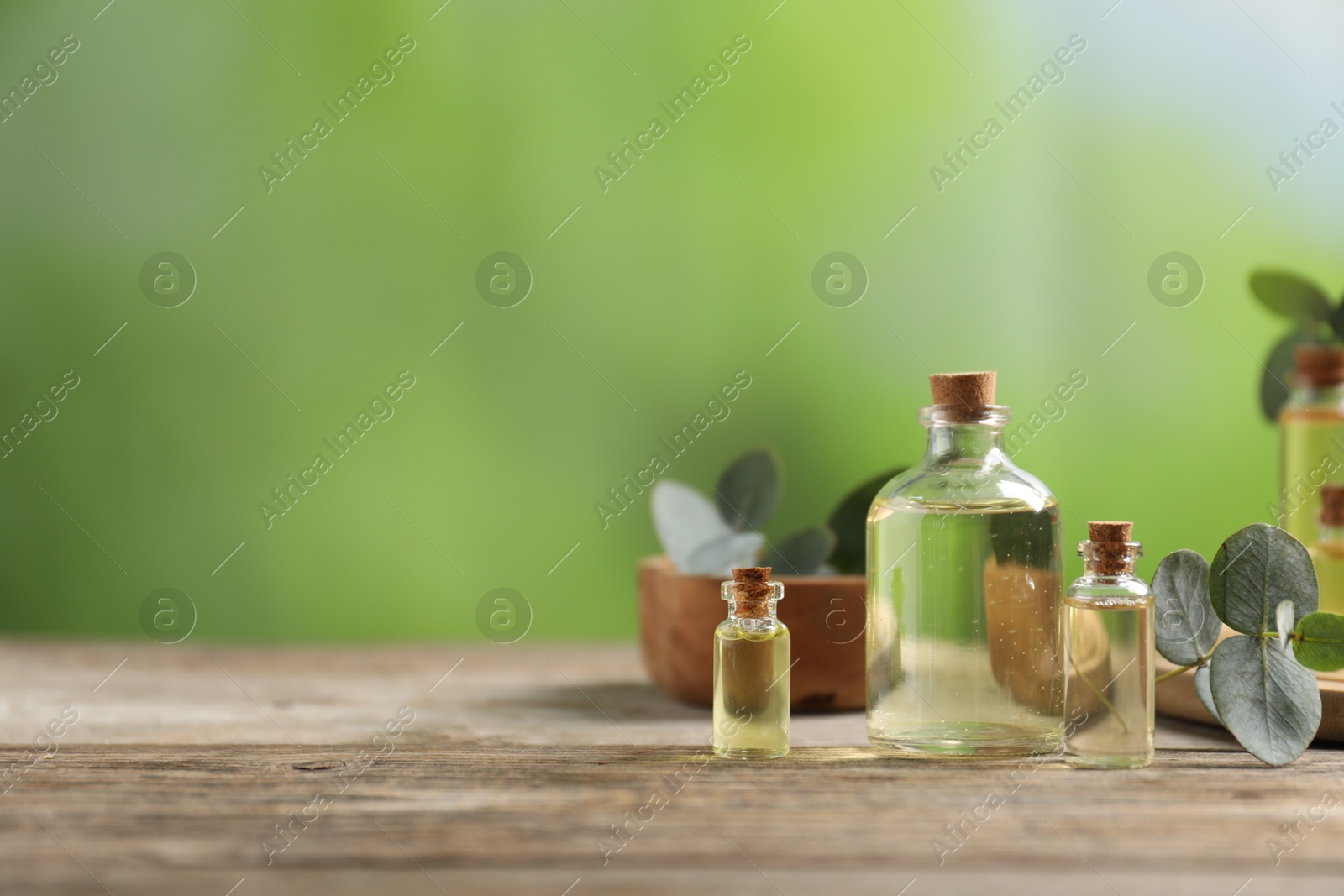 Photo of Bottles of essential oils and eucalyptus leaves on wooden table outdoors, space for text