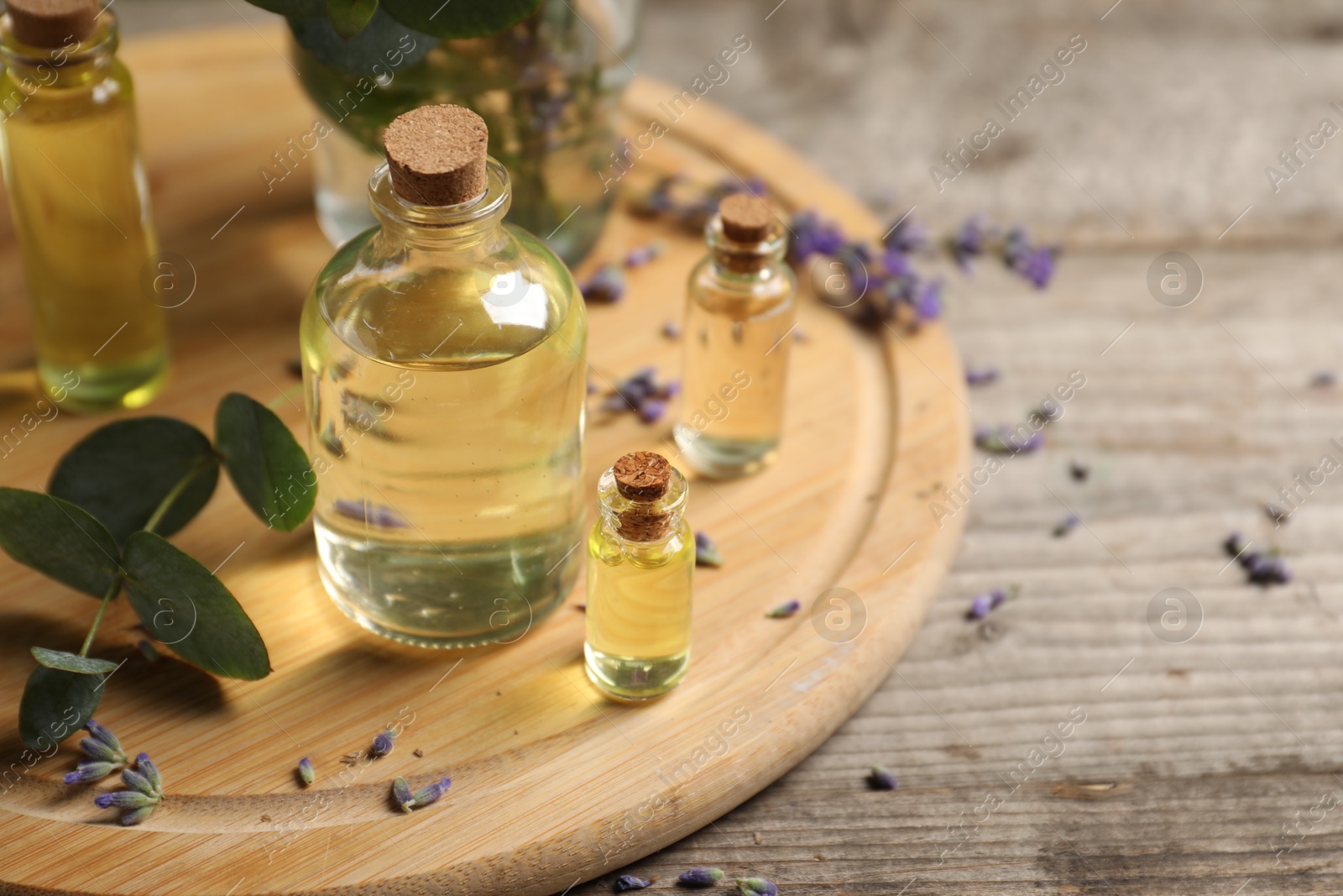 Photo of Bottles of essential oils, eucalyptus leaves and lavender on wooden table, closeup. Space for text
