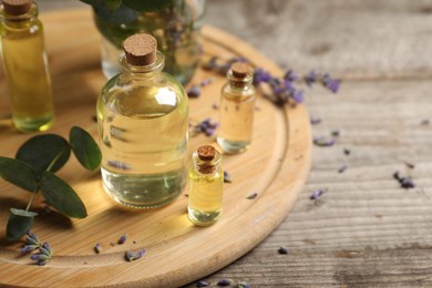 Photo of Bottles of essential oils, eucalyptus leaves and lavender on wooden table, closeup. Space for text