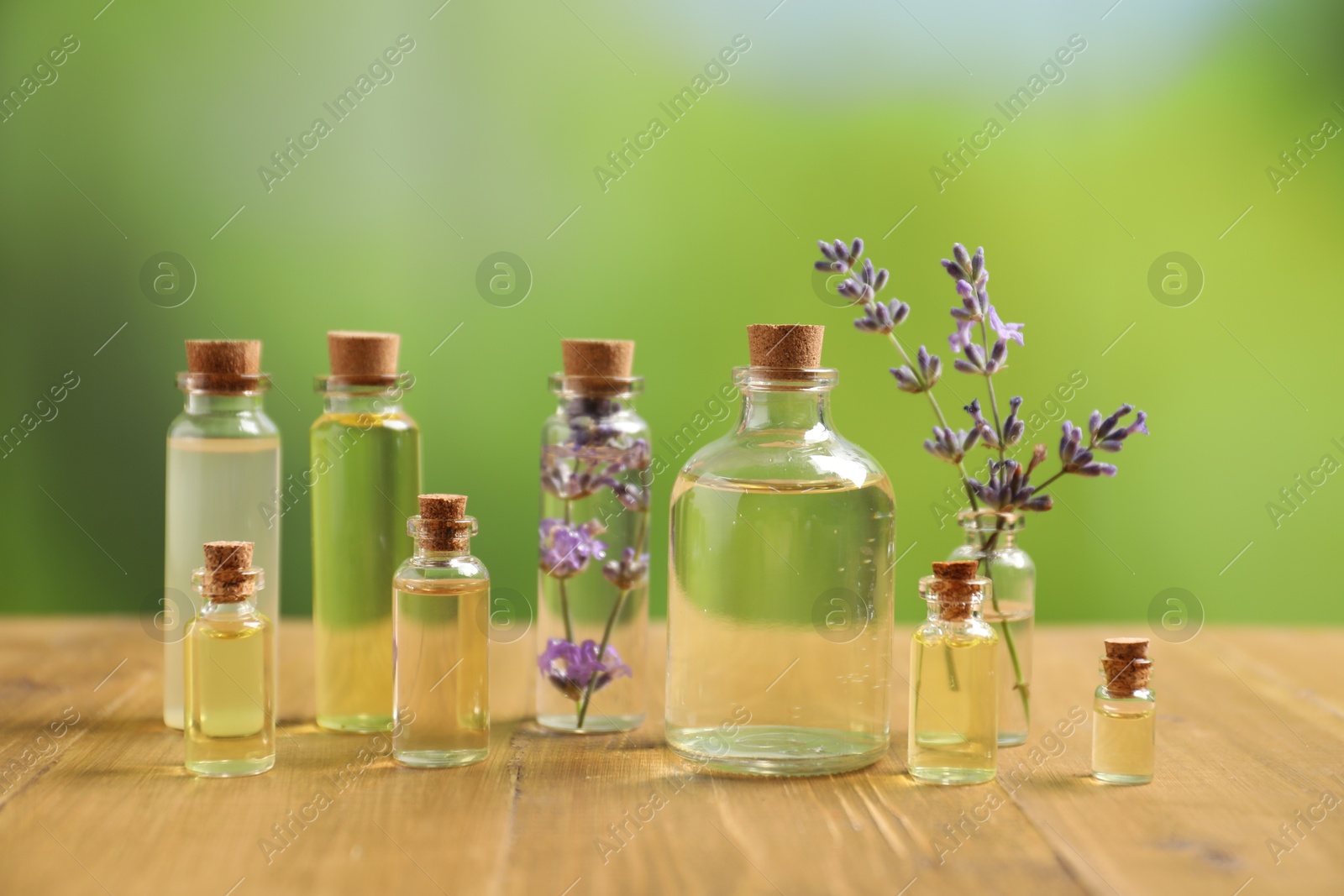 Photo of Bottles of essential oils and lavender flowers on wooden table outdoors