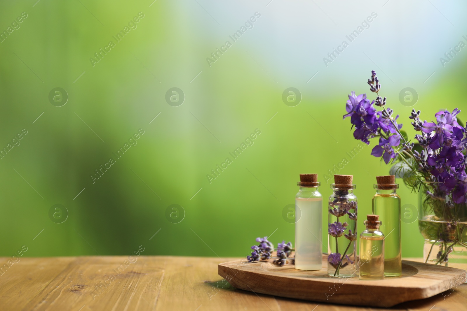 Photo of Bottles of essential oils and different plants on wooden table outdoors, closeup. Space for text